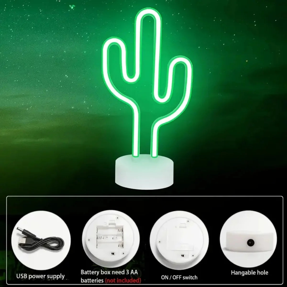 Green LED Cactus Neon Light With Base Decorative Bedroom Light Desktop Night Lamp Suitable For Wedding Birthday Party Decor