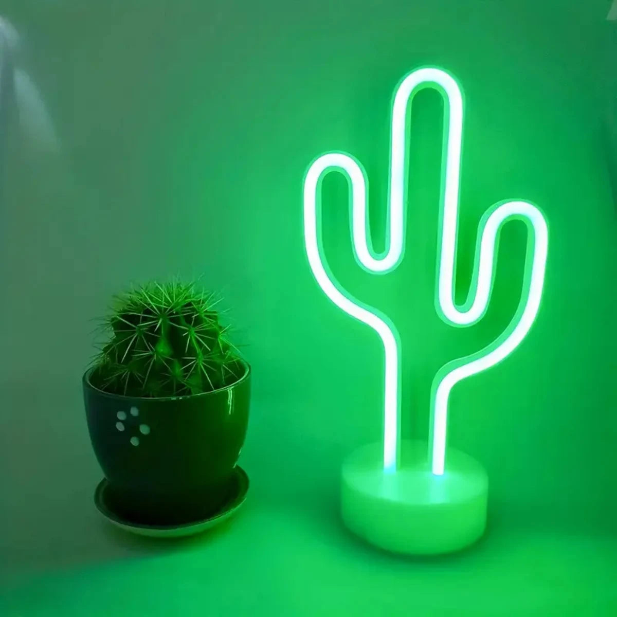 Green LED Cactus Neon Light With Base Decorative Bedroom Light Desktop Night Lamp Suitable For Wedding Birthday Party Decor