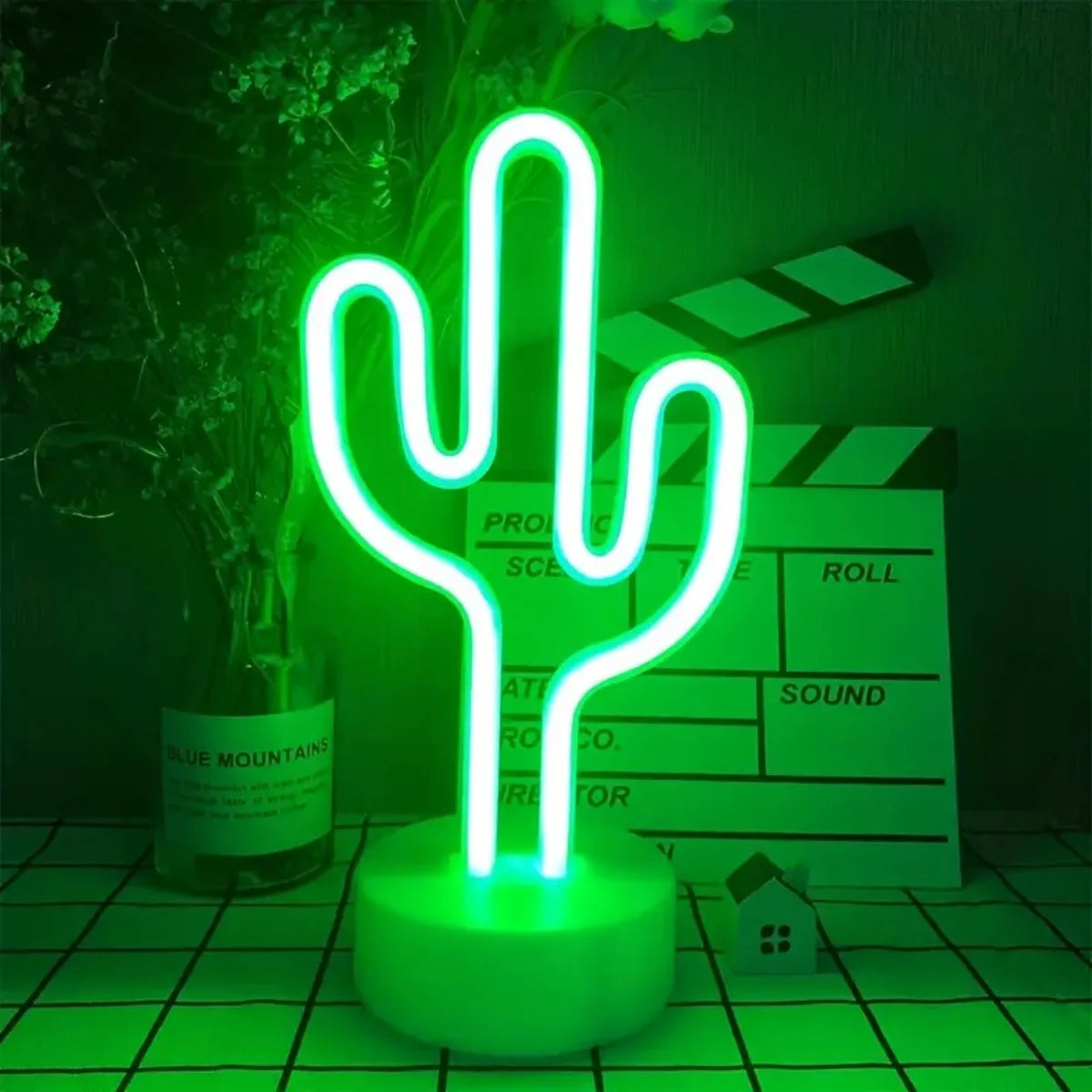 Green LED Cactus Neon Light With Base Decorative Bedroom Light Desktop Night Lamp Suitable For Wedding Birthday Party Decor