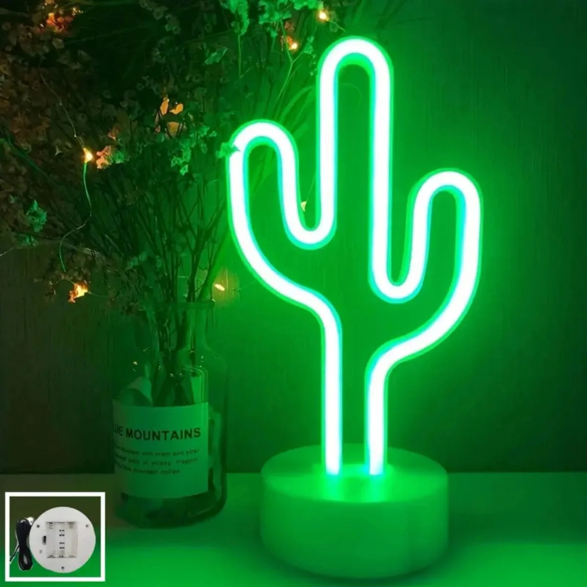 Green LED Cactus Neon Light With Base Decorative Bedroom Light Desktop Night Lamp Suitable For Wedding Birthday Party Decor