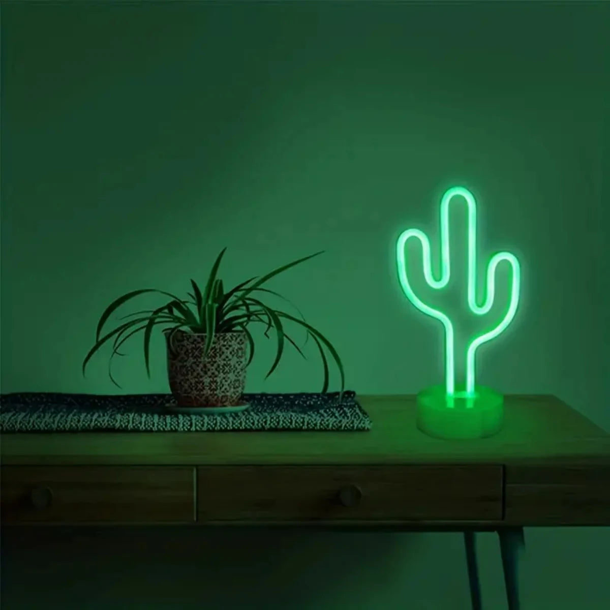 Green LED Cactus Neon Light With Base Decorative Bedroom Light Desktop Night Lamp Suitable For Wedding Birthday Party Decor