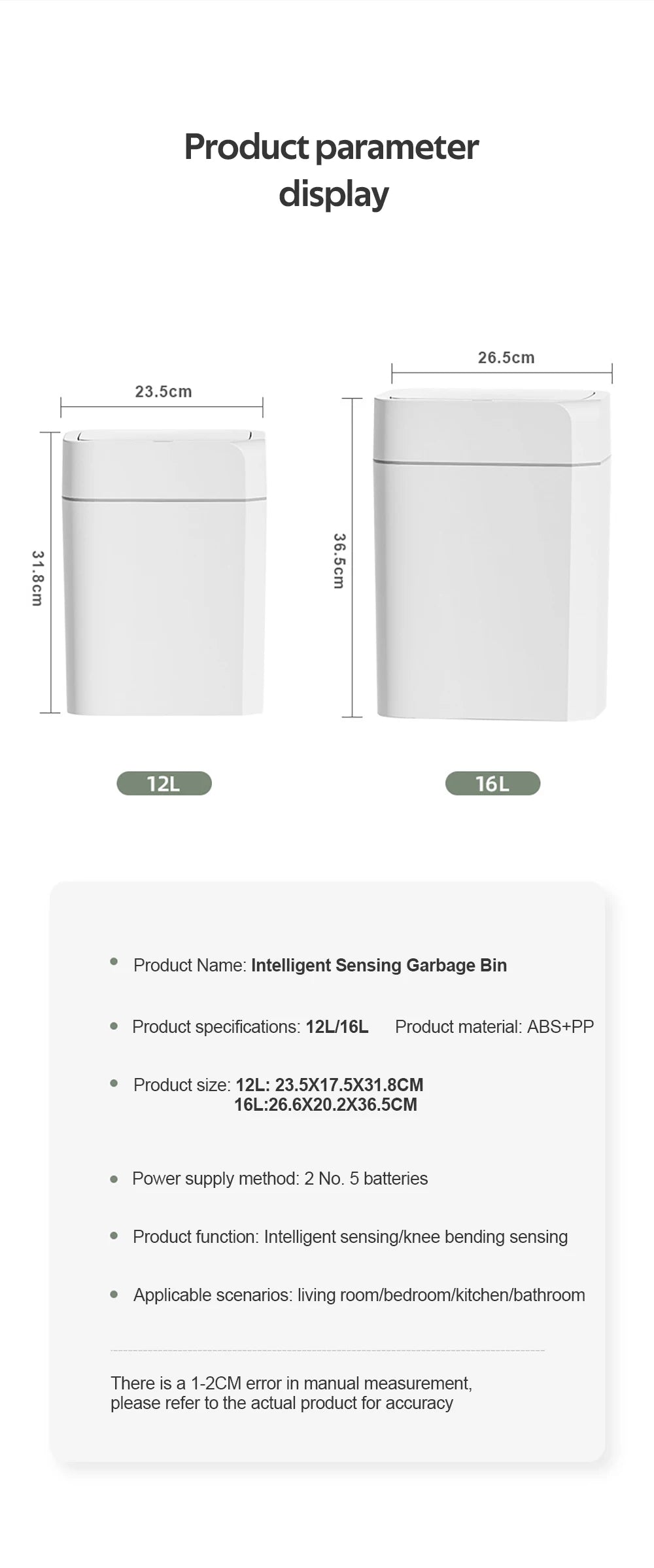 Automatic Trash Bin Smart Sensor Trash Bathroom Anti odor For Toilet White Electric Wastebasket 12/16L