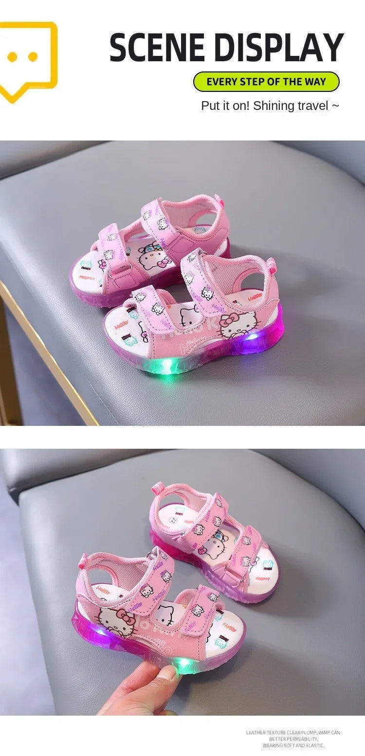 New Baby Girls Led Light Sandals Cute Hello Kitty Children's Casual Shoes Anti-slip Kids Beach Shoes Outdoor Shoes 2025