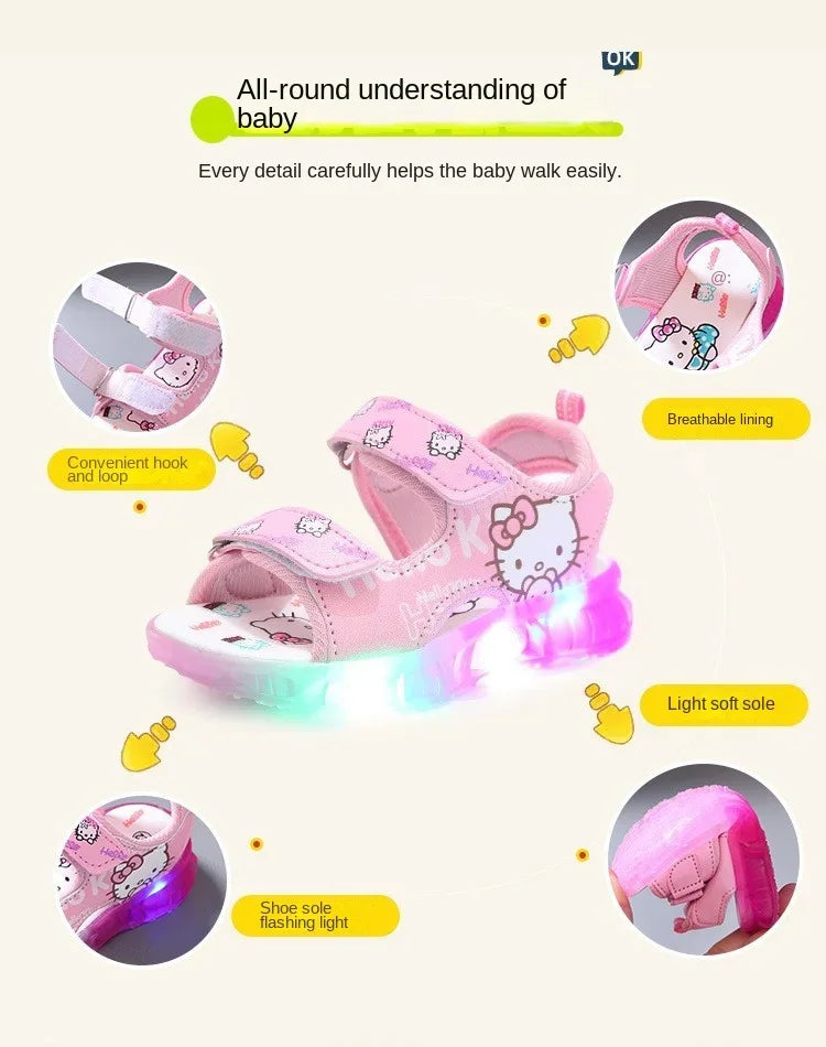 New Baby Girls Led Light Sandals Cute Hello Kitty Children's Casual Shoes Anti-slip Kids Beach Shoes Outdoor Shoes 2025